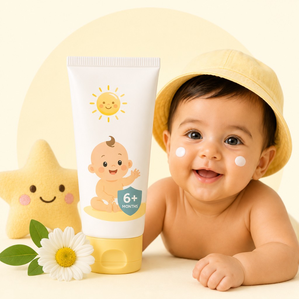 Smiling baby in a yellow sun hat beside a tube of baby sunscreen labelled 6+ months with cream on their cheeks