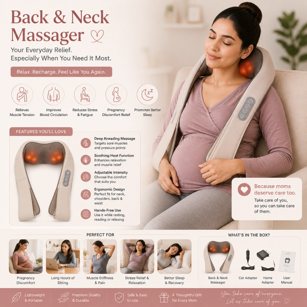 Pregnant woman relaxing with a beige U-shaped back and neck massager with heat nodes on her shoulders