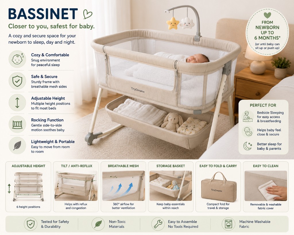 Beige bedside bassinet with mesh sides, storage basket, and sleeping newborn beside an adult bed