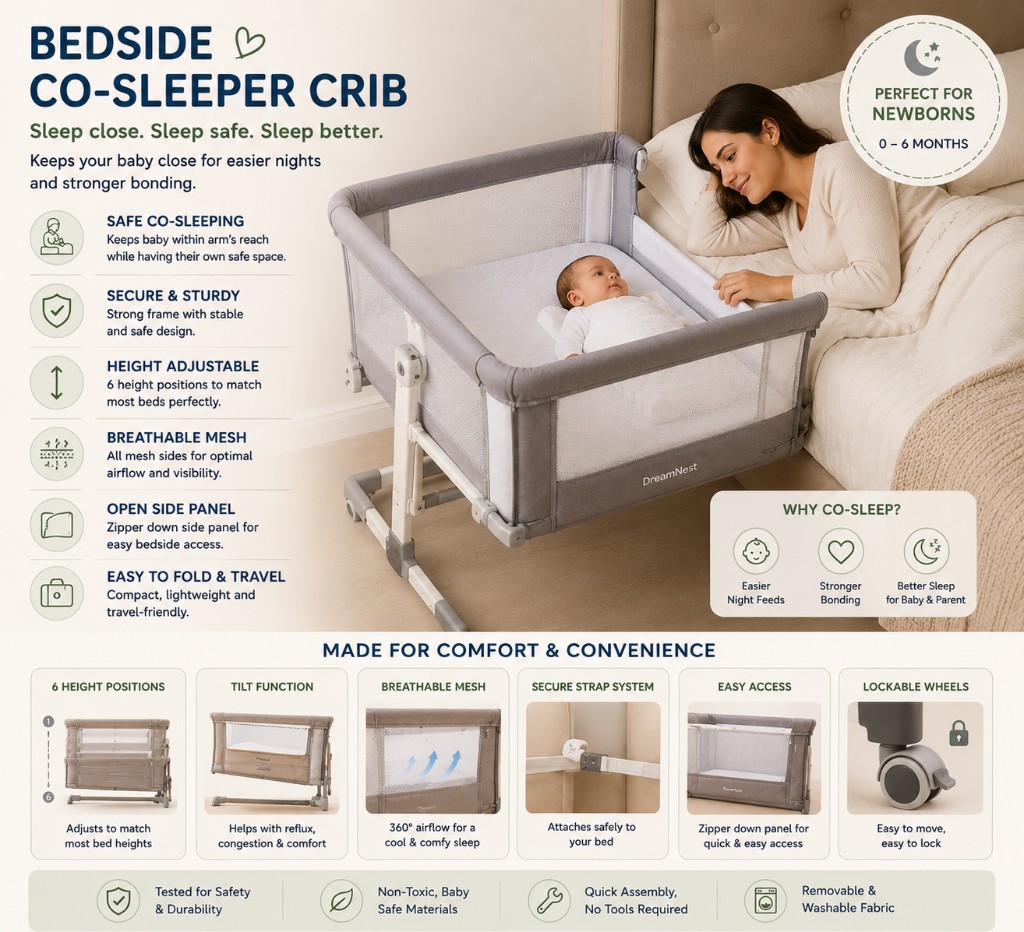 DreamNest bedside co-sleeper crib with zip-down mesh side panel attached to adult bed for safe room-sharing