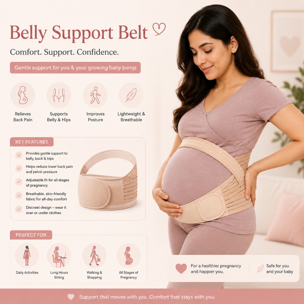 Pregnant woman wearing a beige maternity belly support belt over a mauve top with the belt shown beside her