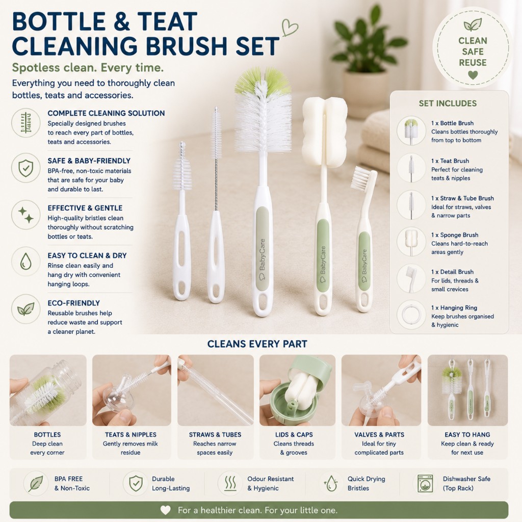 Five-piece bottle and teat cleaning brush set with bottle brush, teat brush, straw brush, sponge brush and detail brush