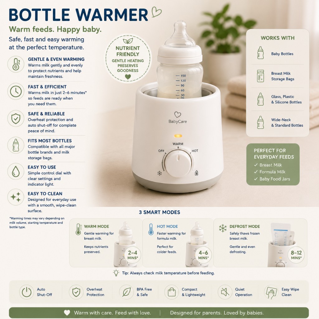 BabyCare bottle warmer with warm, hot and defrost modes gently heating a baby bottle in minutes