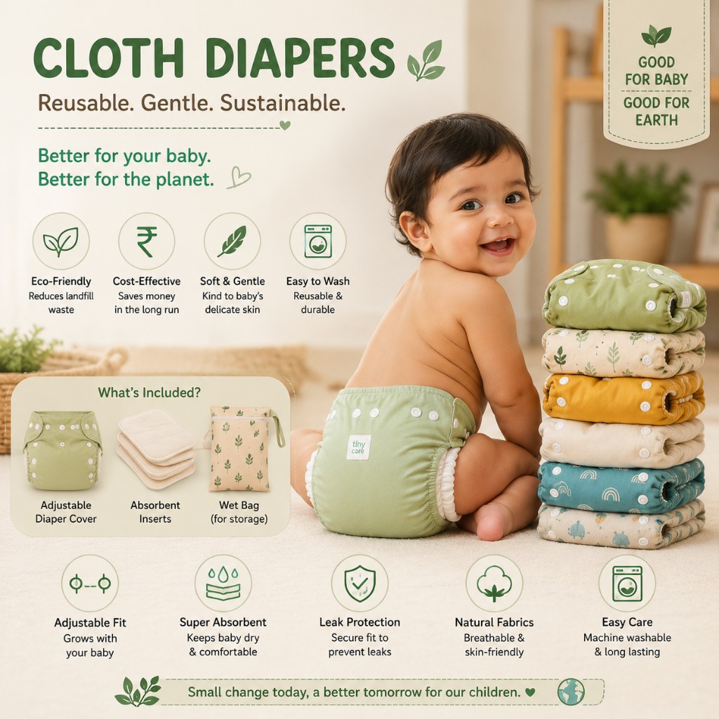 Baby in a sage green adjustable cloth diaper with stack of reusable covers, absorbent inserts, and wet bag