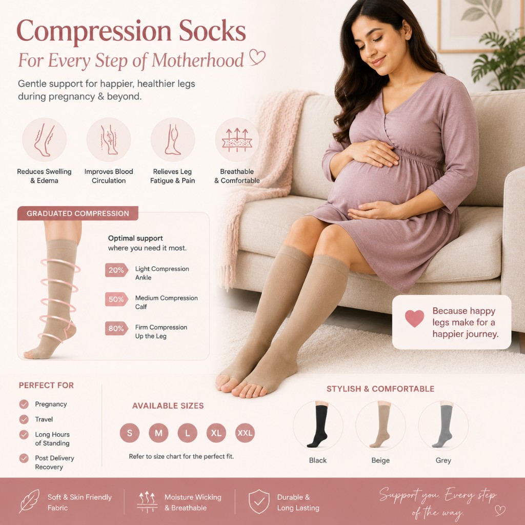 Pregnant woman wearing beige open-toe compression socks on a sofa with graduated compression support details