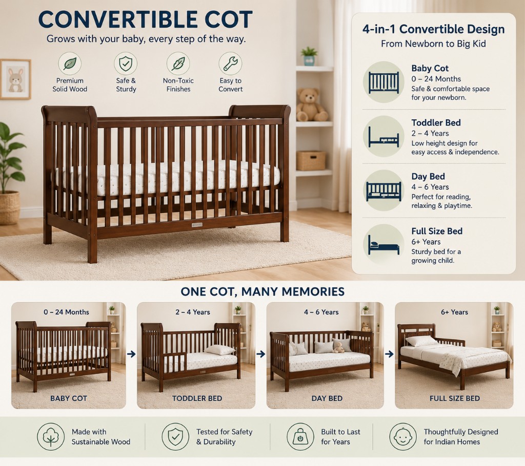 Dark wood 4-in-1 convertible cot shown as baby cot, toddler bed, day bed, and full-size bed in a bright nursery