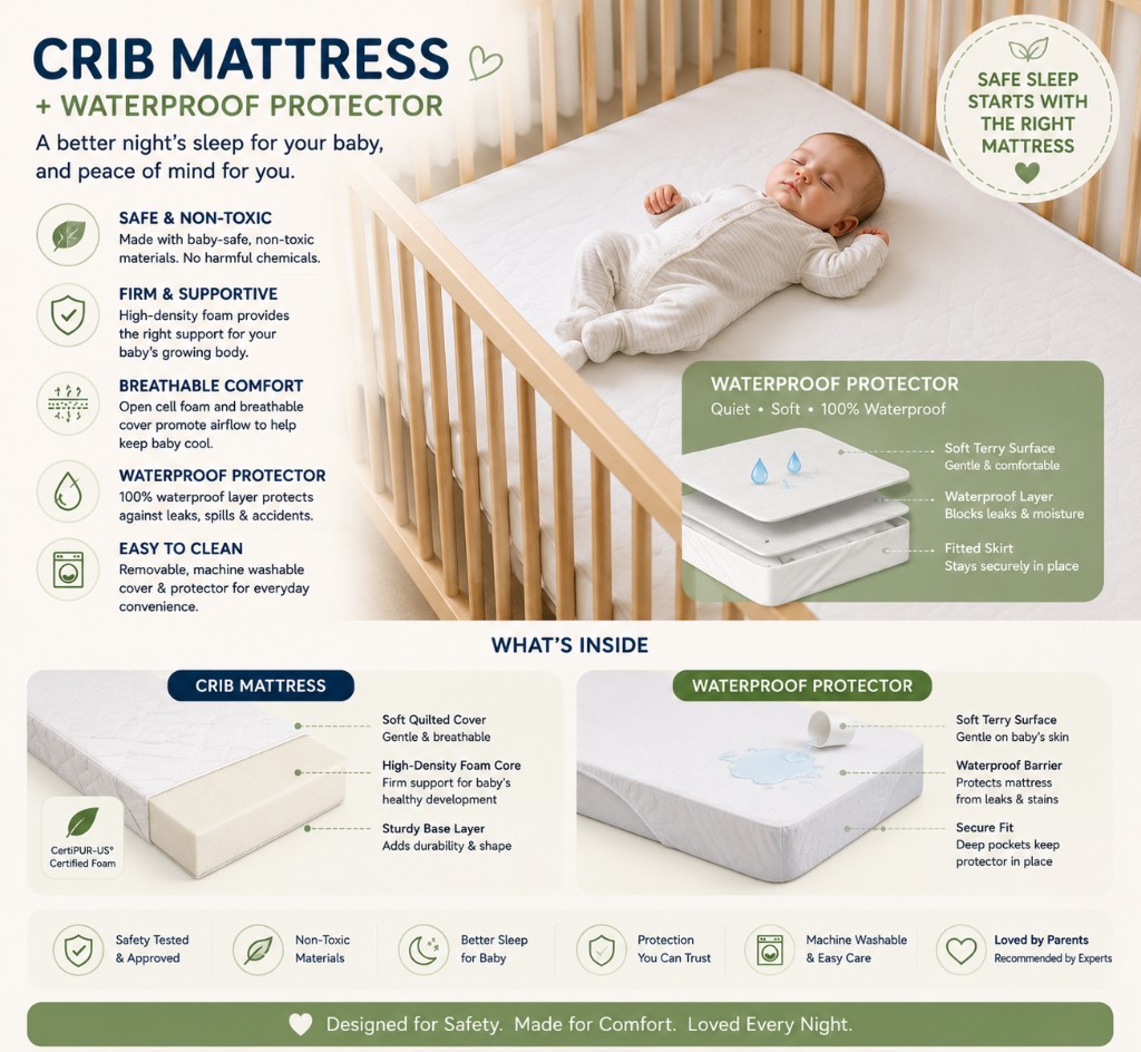 Baby sleeping on a firm crib mattress with waterproof protector layers shown in cross-section inside a wooden cot