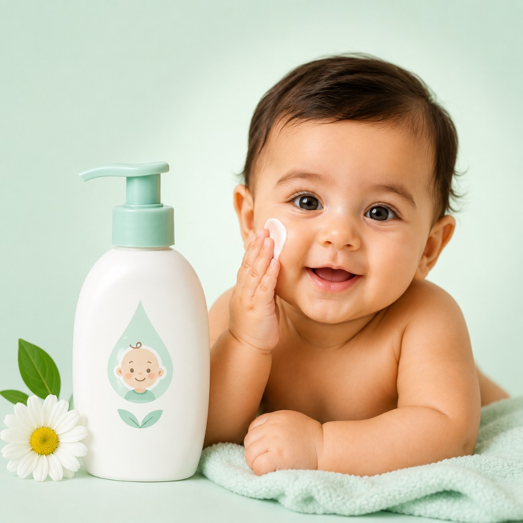 Smiling baby on a green towel beside a white pump bottle of daily baby moisturiser with lotion on their cheek
