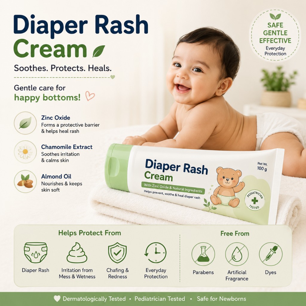 Tube of zinc oxide diaper rash cream beside a smiling baby on a white towel with chamomile and almond oil ingredients
