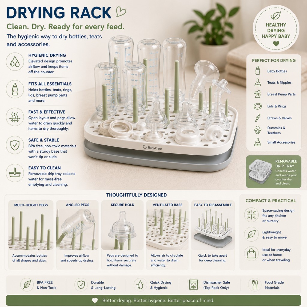 BabyCare bottle drying rack with pegs holding bottles, teats and breast pump parts above a removable drip tray