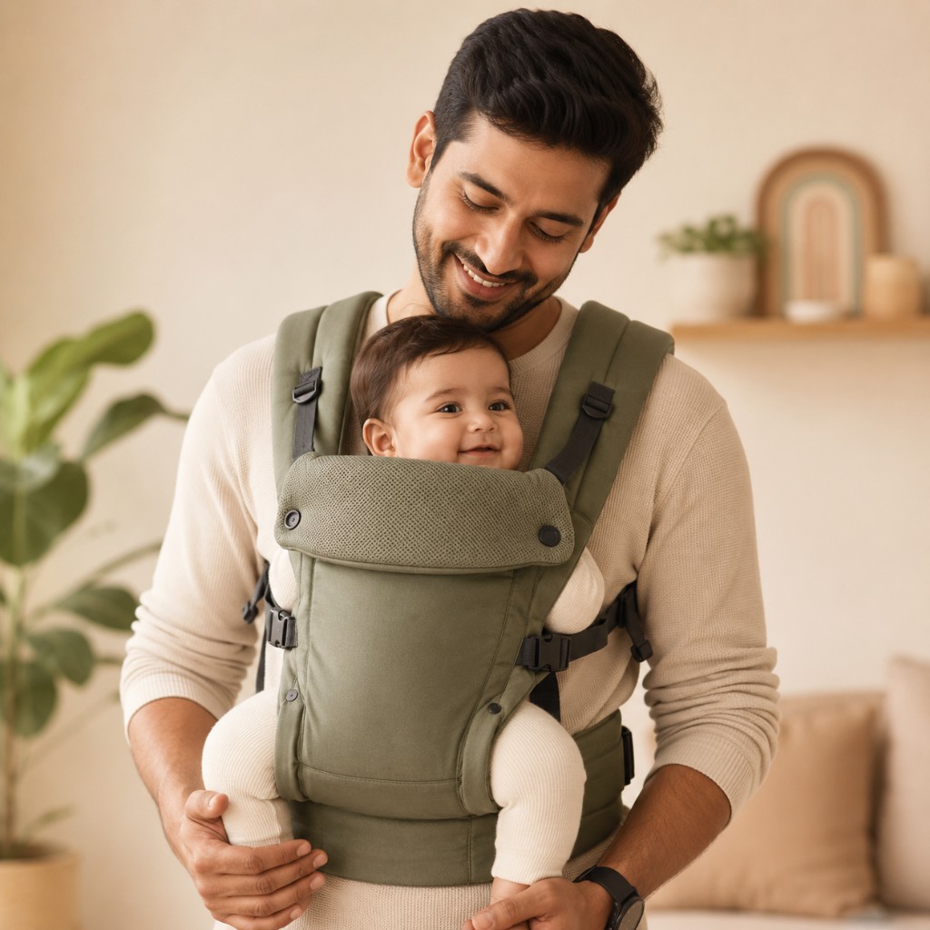 Smiling dad wearing a sage green ergonomic soft structured baby carrier with a happy infant in front-facing M-position carry
