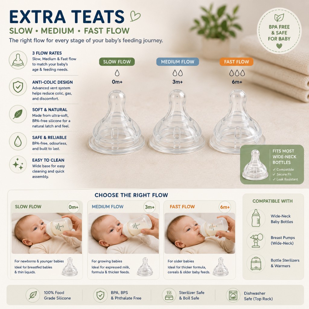 Slow, medium and fast flow silicone bottle teats for 0m+, 3m+ and 6m+ with anti-colic vent design