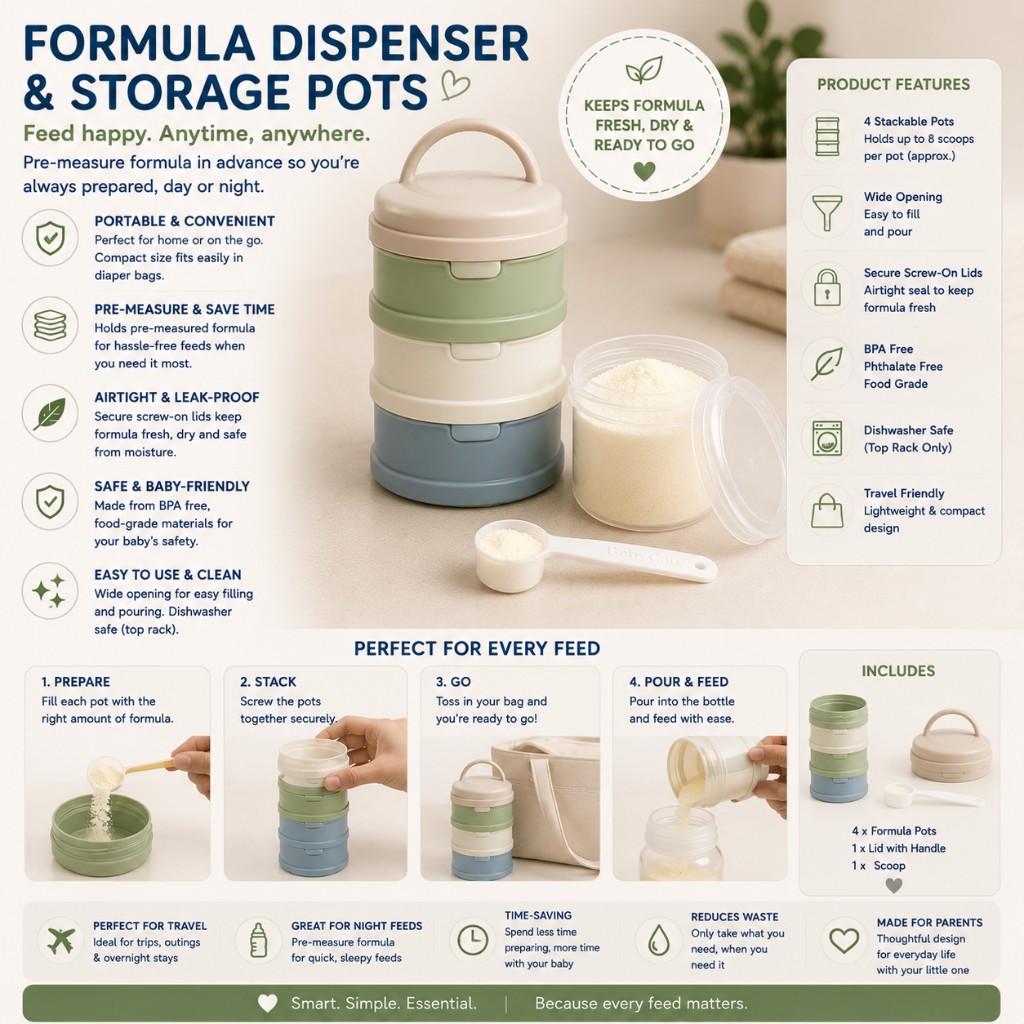 Stackable formula dispenser pots with measuring scoop for pre-measured feeds at home or on the go