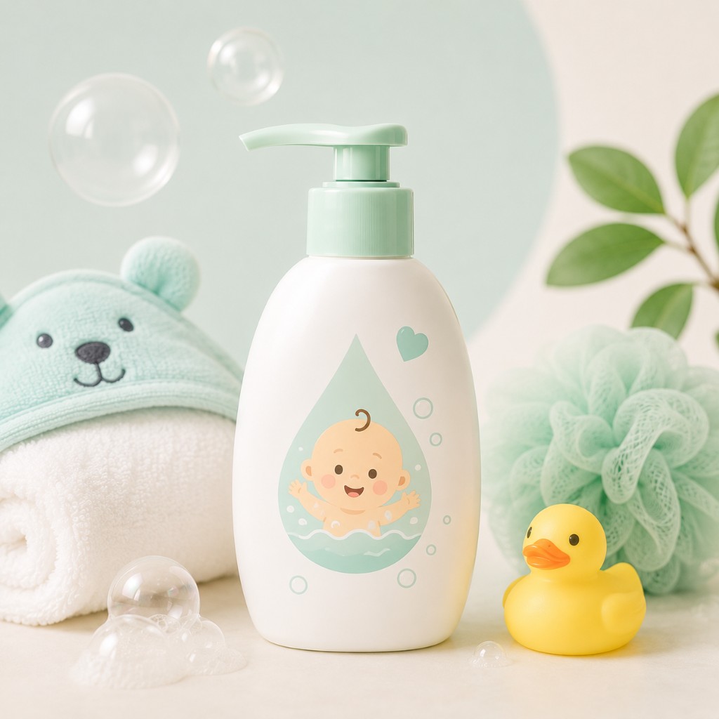 White pump bottle of gentle baby body wash with a mint hooded towel, loofah, rubber duck, and bath bubbles