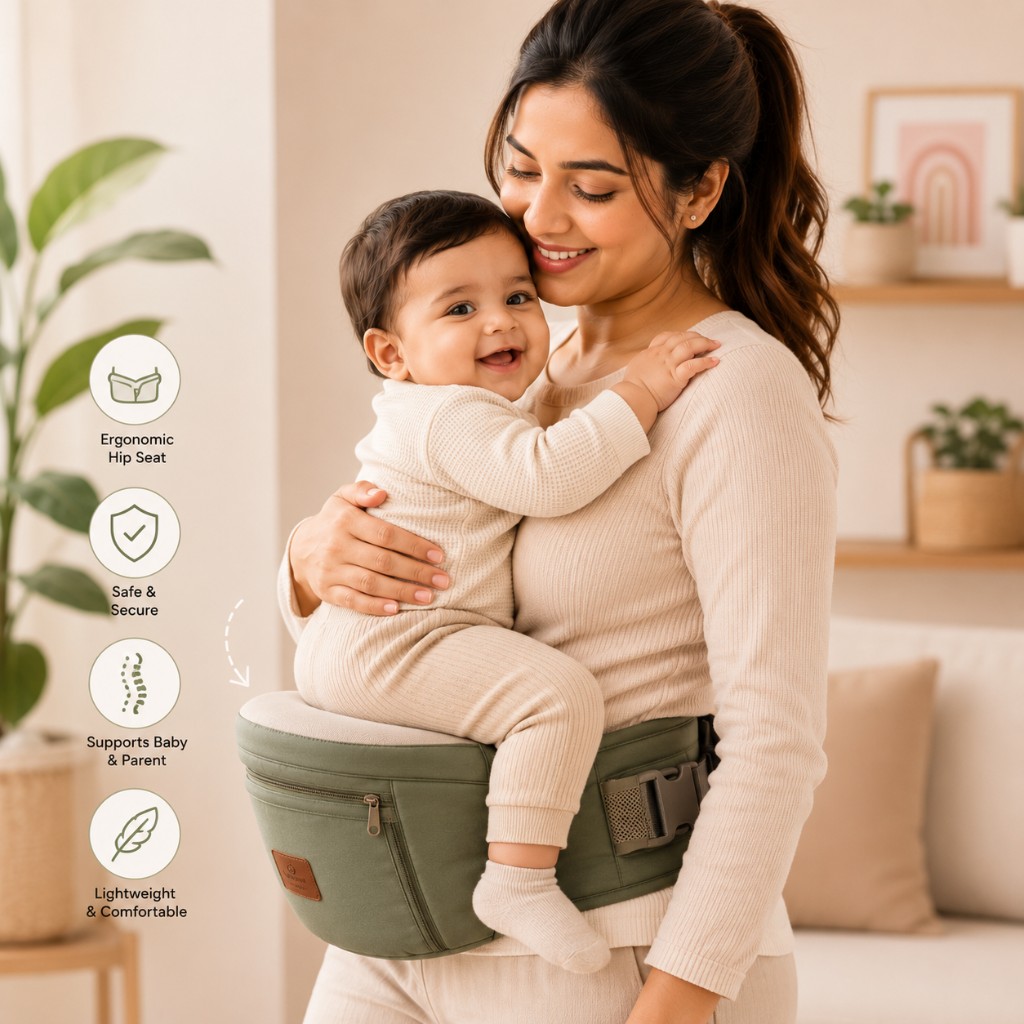 Smiling mother holding a happy baby on an olive green ergonomic hip seat carrier with padded waist belt in a bright living room