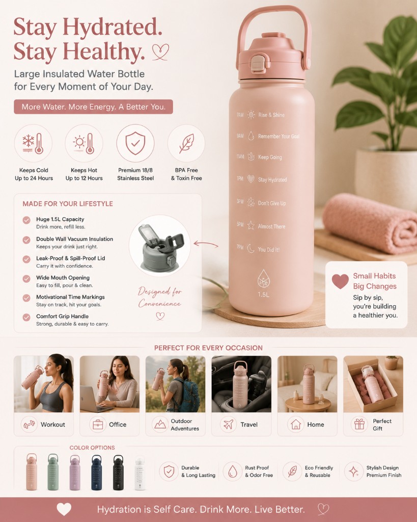 Peach 1.5L insulated water bottle with motivational time markings, leak-proof lid, and carry handle