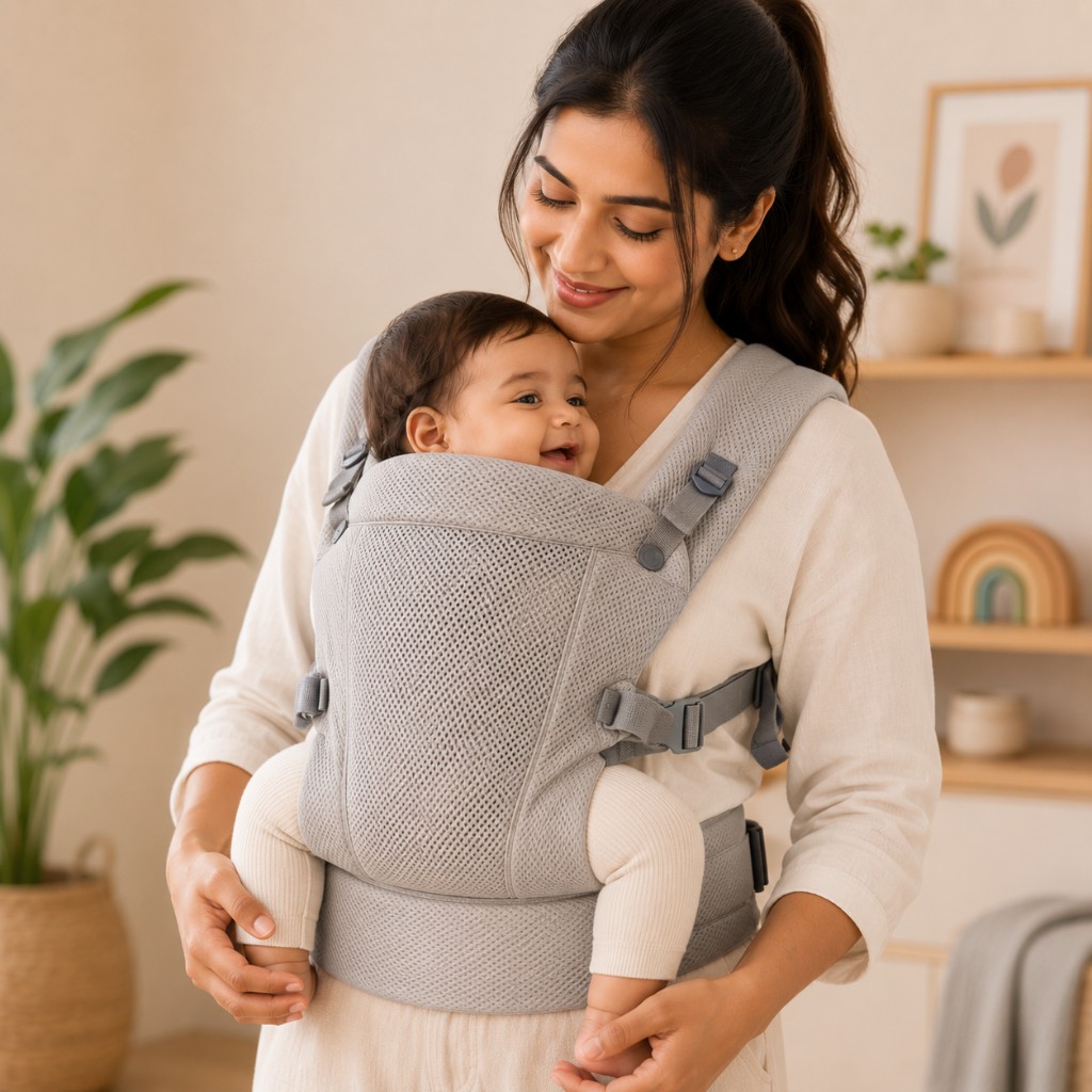 Smiling mother wearing a light grey breathable mesh baby carrier with a happy baby in front-facing ergonomic M-position