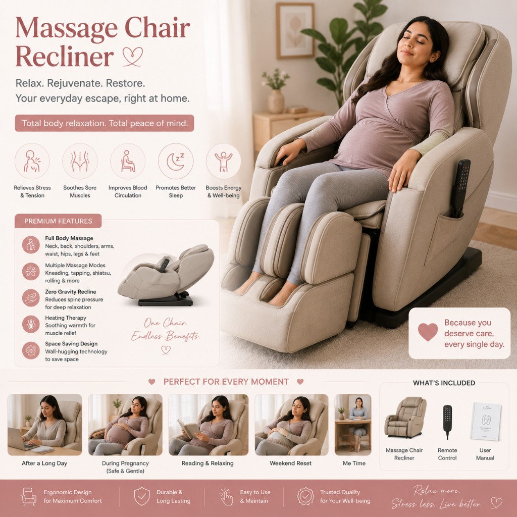 Pregnant woman relaxing in a beige full-body massage chair recliner with zero gravity and heating features