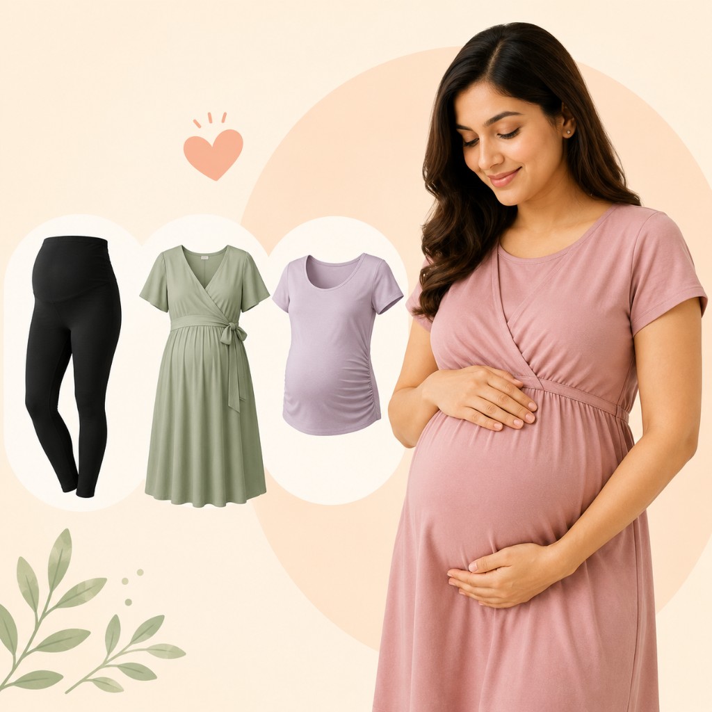 Smiling pregnant woman in a mauve wrap dress beside maternity leggings, a sage wrap dress, and a lavender top
