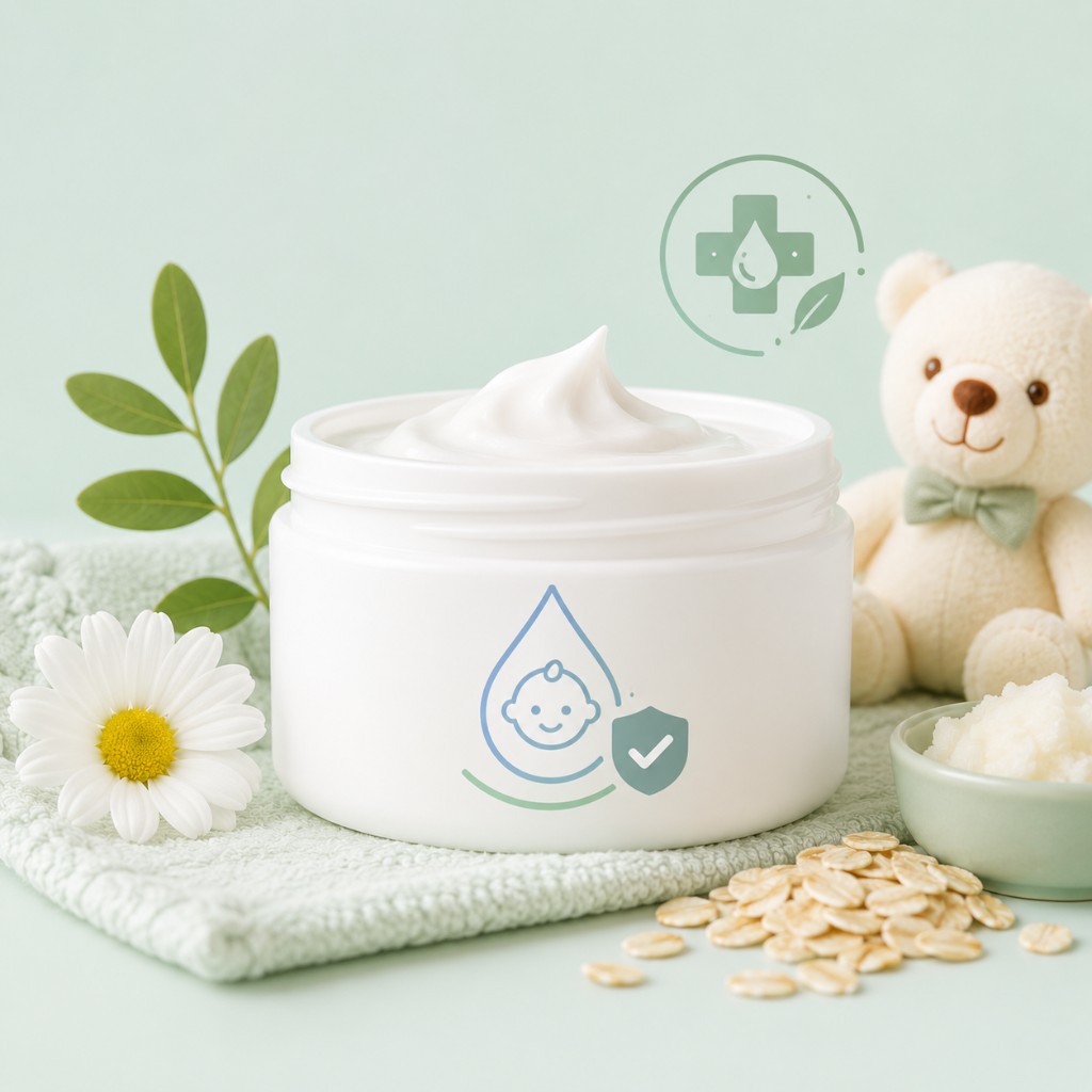 Open jar of thick white baby moisturising cream on a mint towel with oats, shea butter, and a daisy