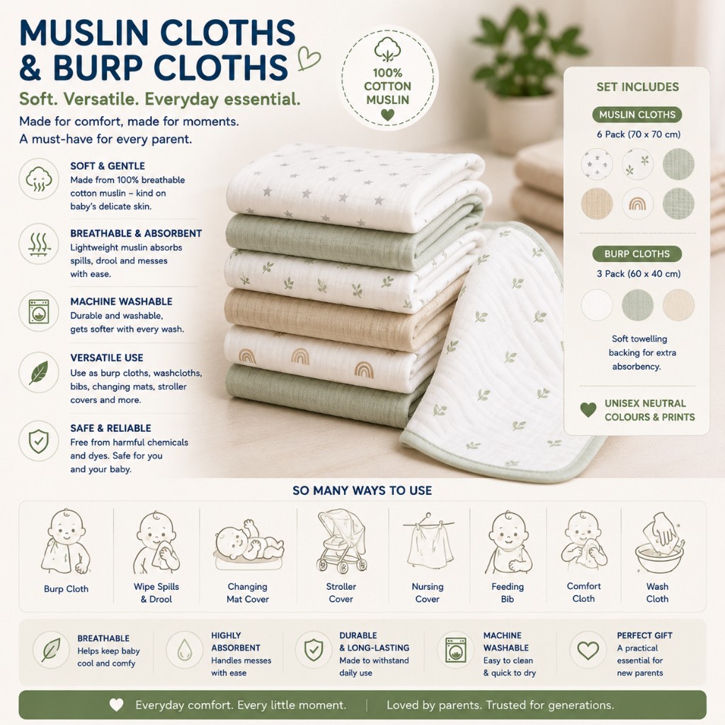 Pack of soft cotton muslin and burp cloths in neutral sage, beige and star prints for feeding and spit-up