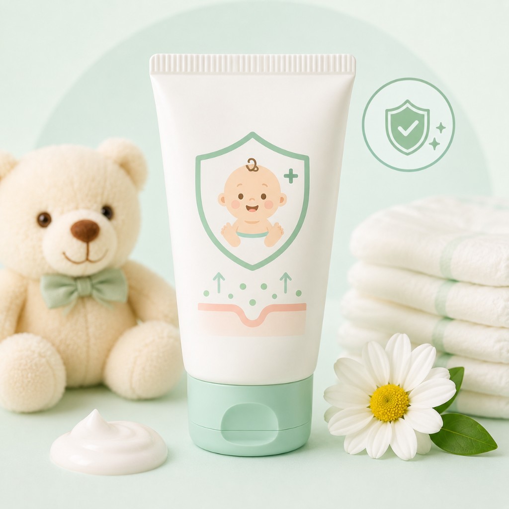 White tube of nappy rash barrier cream beside a teddy bear, stack of diapers, and a daisy on a mint background