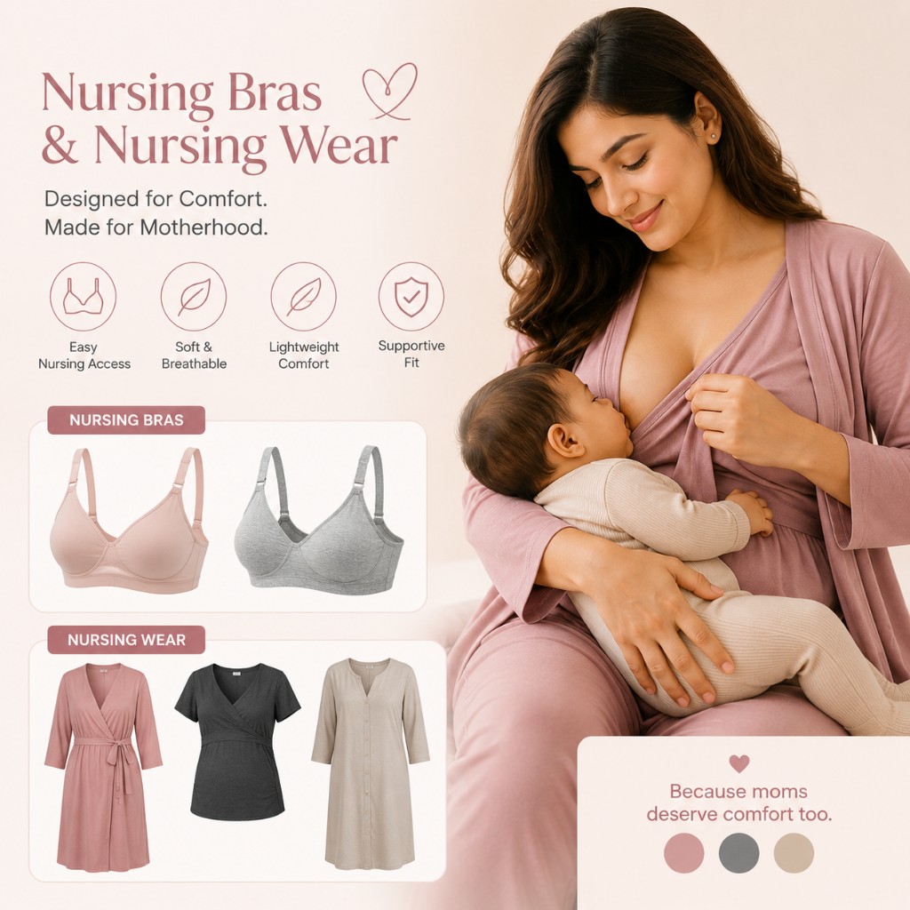 Nursing bras and nursing wear including a mother breastfeeding in a dusty rose robe beside wireless bras and feed-friendly tops