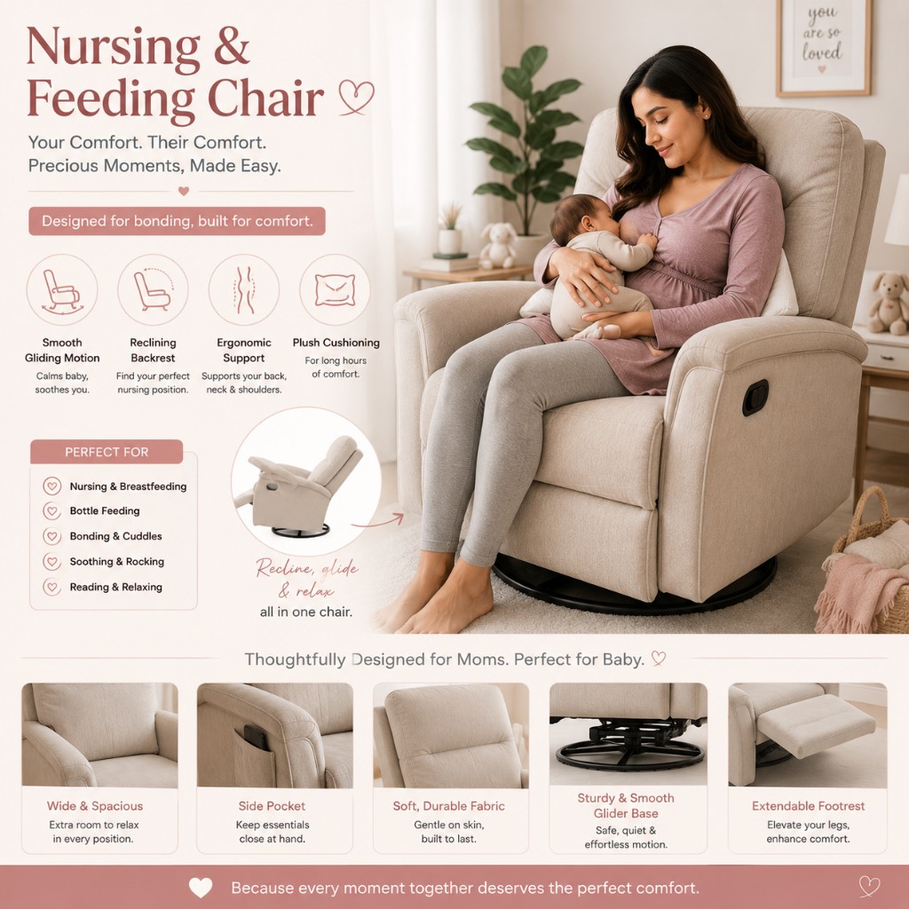 Mother breastfeeding in a cream nursery glider recliner with footrest, side pocket, and smooth gliding base
