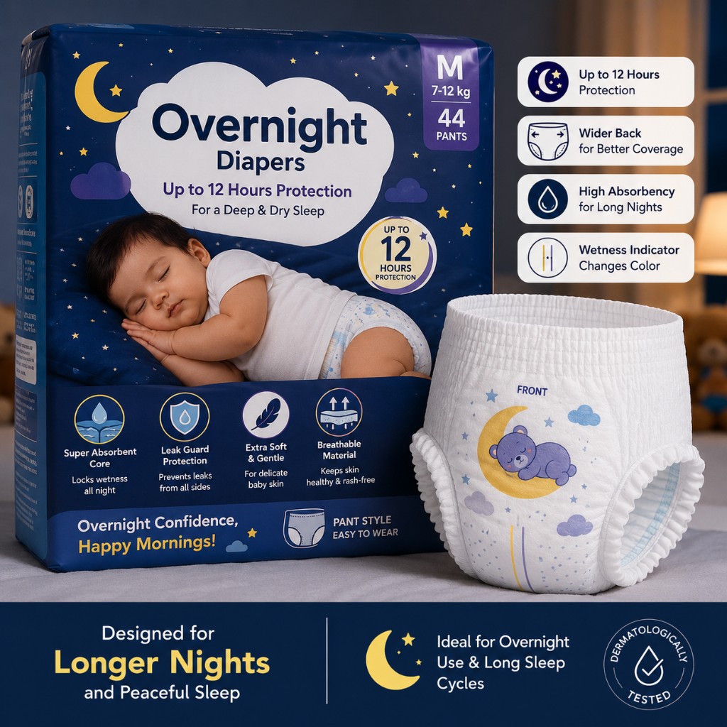 Pack of overnight pant-style diapers with up to 12 hours protection beside a single M-size diaper with moon and stars print