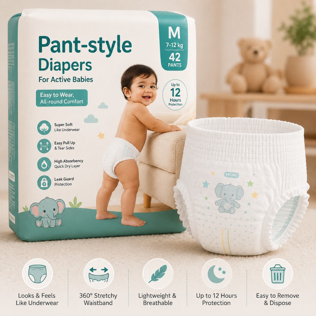 Pack of pant-style pull-up diapers for active babies beside a single M-size diaper with stretchy waistband and wetness indicator