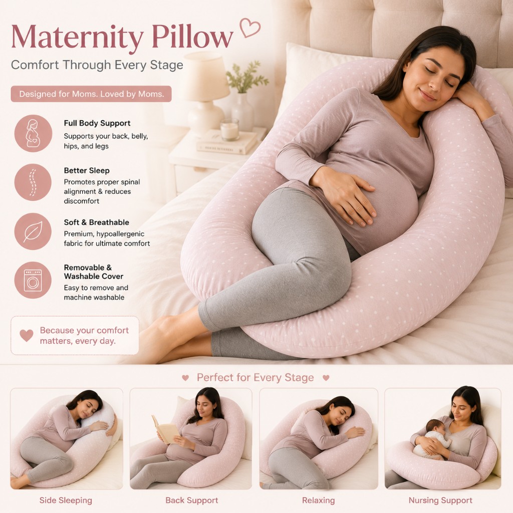 Pregnant woman resting with a pink C-shaped maternity pillow for side sleeping, back support, and nursing