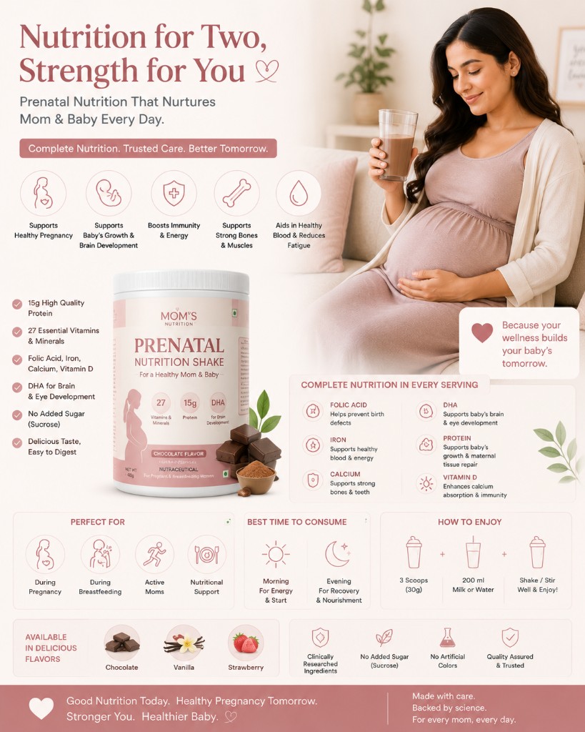 Pregnant woman holding a chocolate prenatal nutrition shake beside a tub of Mom's Nutrition prenatal protein powder