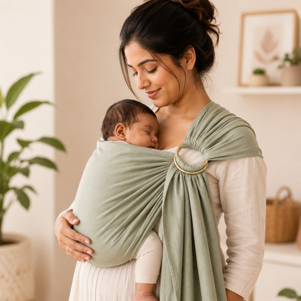 Smiling mother wearing a sage green ring sling with gold rings, carrying a sleeping baby in ergonomic M-position