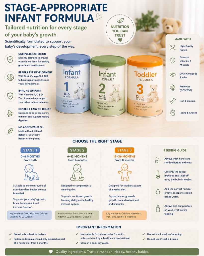 Stage 1, 2 and 3 infant formula tins for 0–6 months, 6–12 months and 12–36 months with DHA and key nutrients