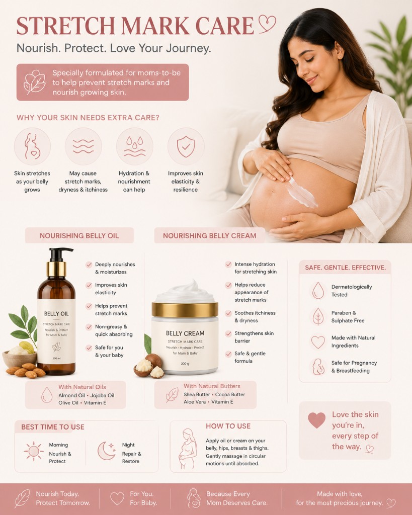Pregnant woman applying belly cream beside nourishing belly oil and belly cream jars for stretch mark care