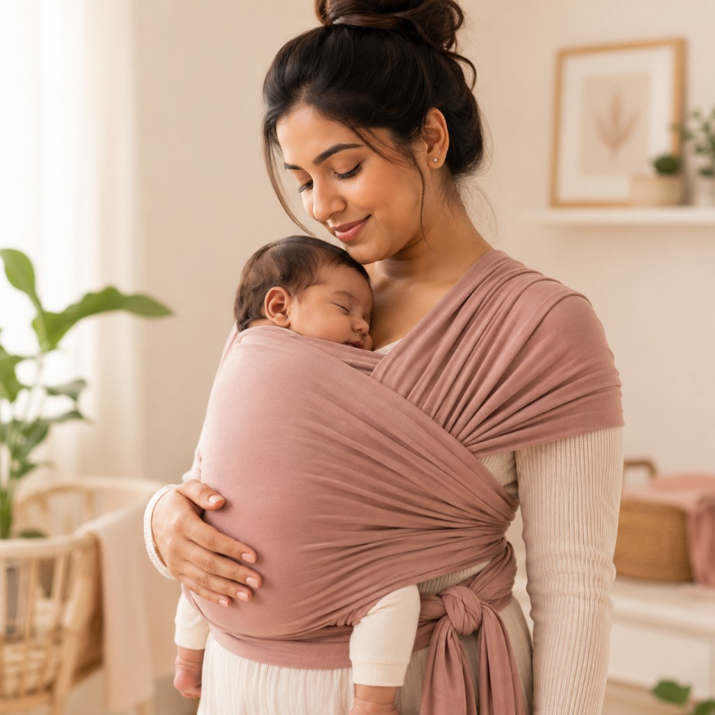Smiling mother in a dusty rose stretchy wrap carrier holding a sleeping newborn against her chest in a bright nursery