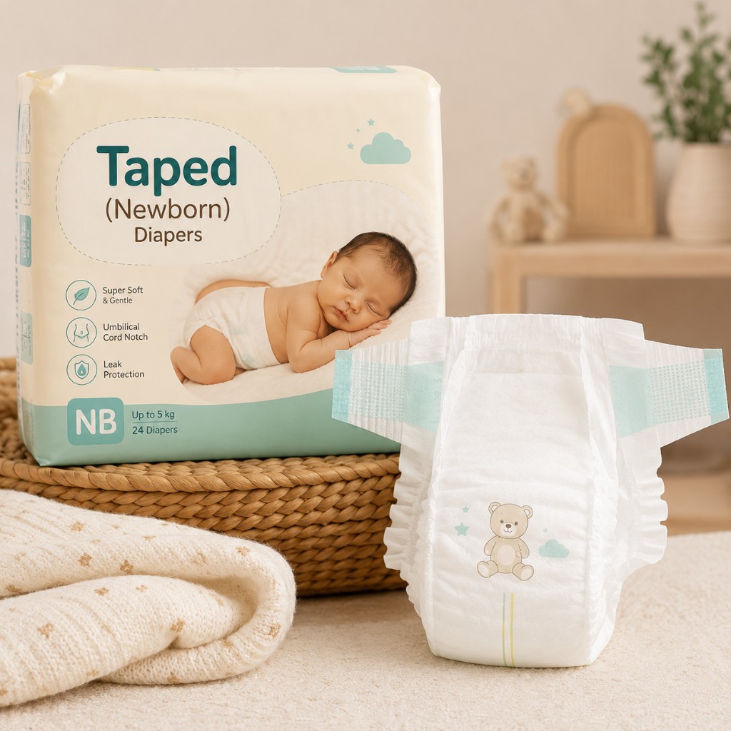 Pack of taped newborn diapers with umbilical cord notch beside an open NB diaper with wetness indicator and teddy bear print