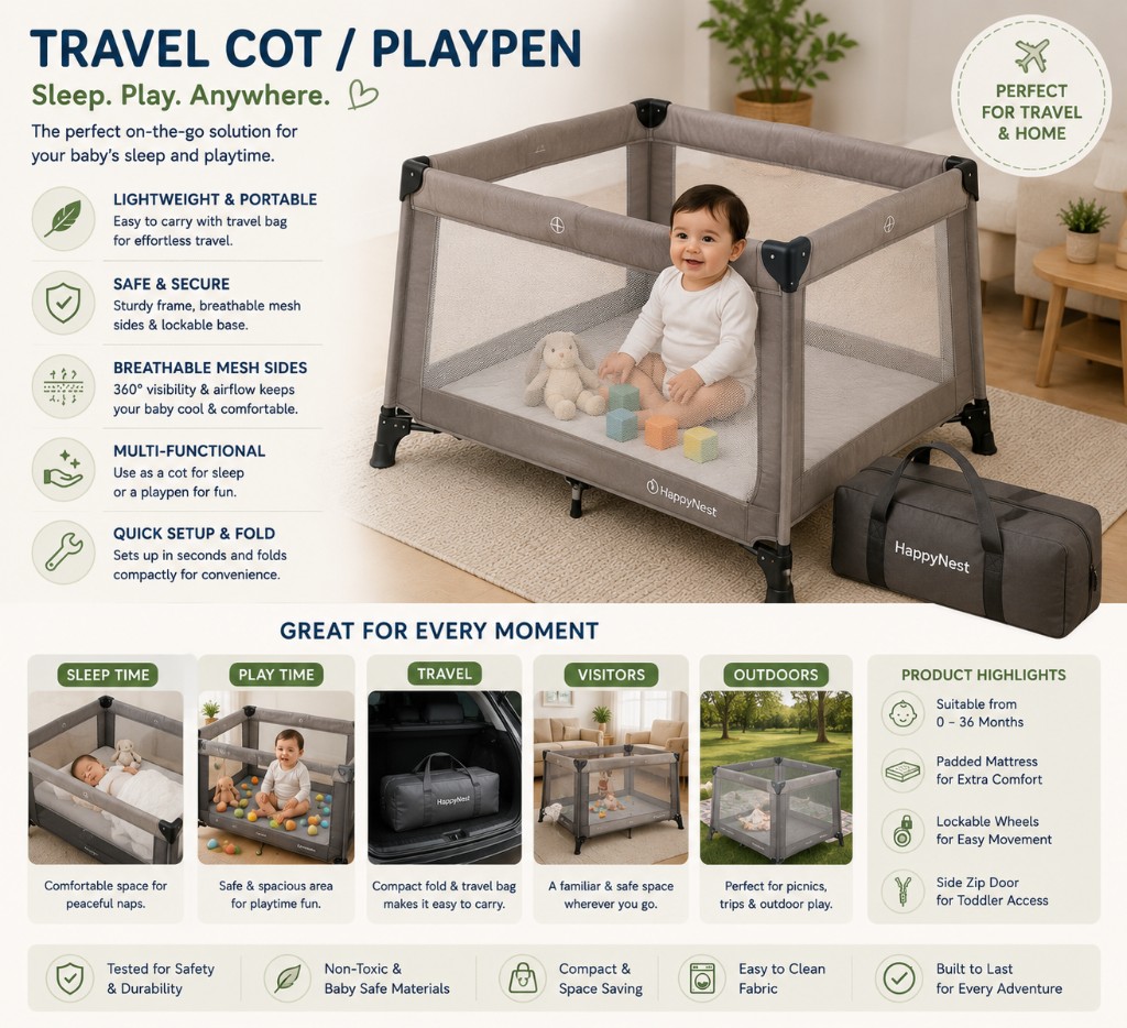 Grey mesh travel cot with baby playing inside beside a compact foldable travel bag on a nursery rug