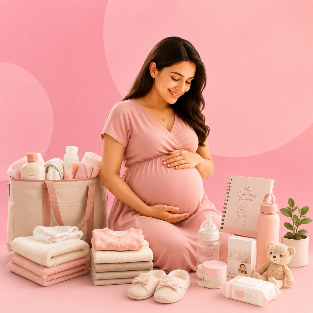 Pregnant woman surrounded by maternity bag, baby clothes, journal, and new-mum essentials